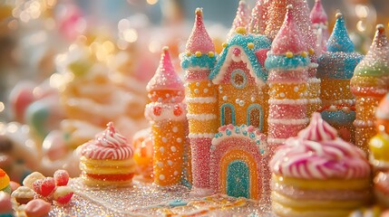 A magnificent candy castle made of colorful sweets and adorned with shiny glitter