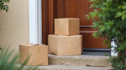 Packages Delivered at Front Door: Cardboard Boxes on Residential Doorstep for Online Orders and Shipping
