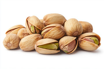 Pile of pistachios on a white background