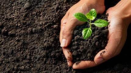 Hands Holding Sprout in Dark Soil