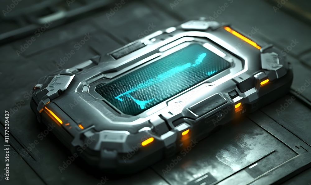Poster futuristic metallic data storage device with glowing interface.