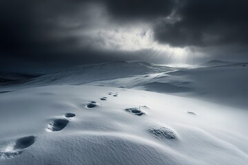 Footprints in the snow under a dramatic sky evoke a sense of solitude.