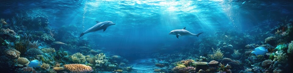 Vibrant Underwater Scene Featuring Dolphins Swimming Gracefully in an Oceanic Panorama