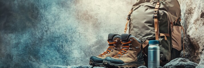 Backpacking gear arranged on rocky surface with a water bottle and hiking boots for outdoor enthusiasts. Generative AI