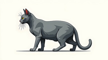Obraz premium Elegant Gray Cat: A Majestic Stroll Against a Pristine White Background. Observe its graceful pose and piercing gaze.