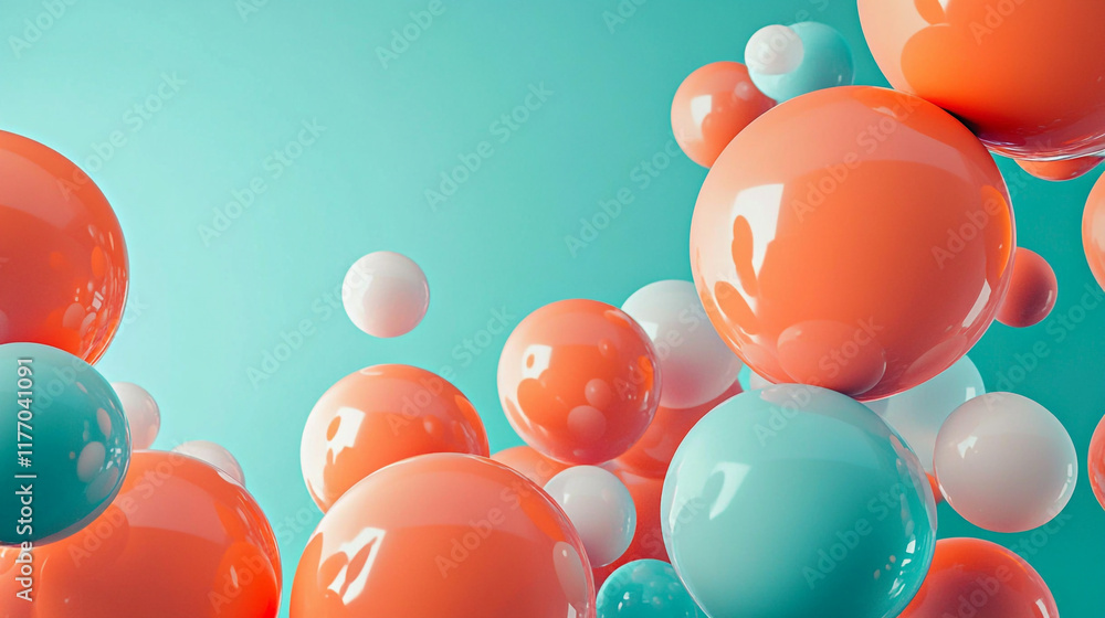 Poster colorful spheres floating in a serene blue background create an abstract art composition