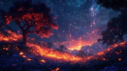 Fototapeta premium Night scene, glowing flowers, starry sky, magical forest.