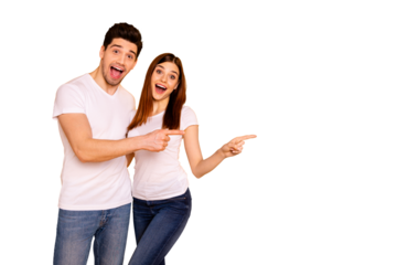 Close up photo beautiful she her he him his pair direct indicate fingers empty space great little low prices shopping shop mall store wear casual jeans denim white t-shirts isolated yellow background