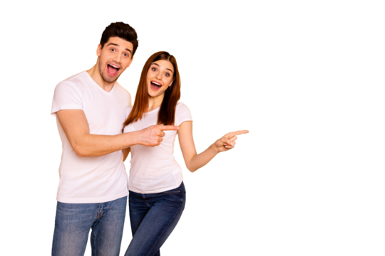 Close up photo beautiful she her he him his pair direct indicate fingers empty space great little low prices shopping shop mall store wear casual jeans denim white t-shirts isolated yellow background