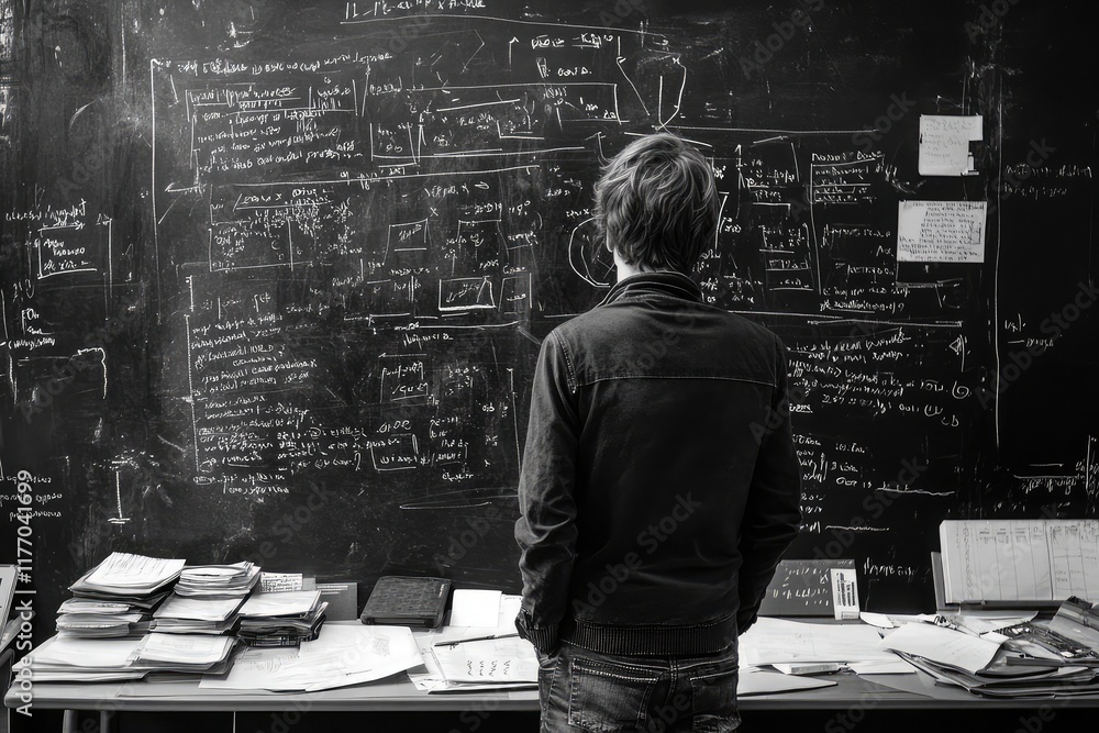 Poster student standing in front of a blackboard, engaged in learning and surrounded by notes.