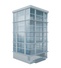 Low poly 3D illustration of a modern building with glass windows and entrance. Isolated on transparent background for composition.