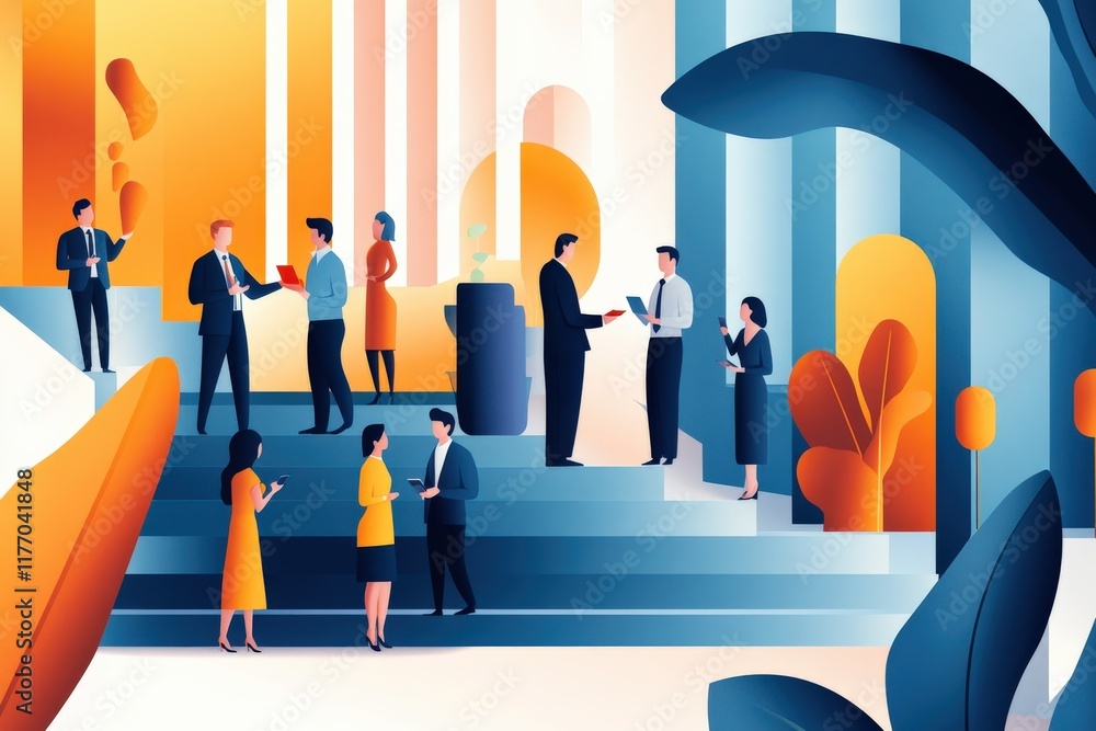 Poster business professionals engaging in networking and collaboration in a modern office environment with 