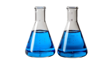 Two labotatory test glass container beakers with blue liquid test samples , minimum shadow isolated on a transparent background