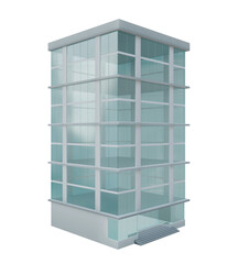 Low poly 3D illustration of a modern building with glass windows and entrance. Isolated on transparent background for composition.