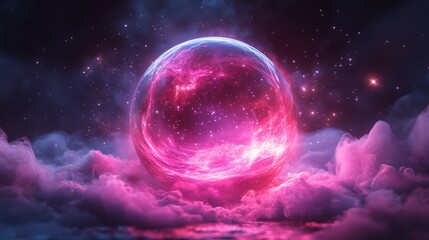 Fototapeta premium Stunning cosmic orb glowing in pink hues amidst swirling clouds in the night sky