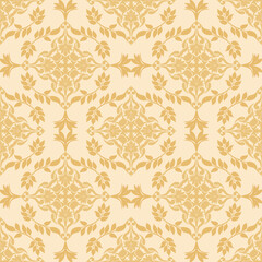 Gold and cream damask seamless vector pattern. Elegant luxury texture for wallpapers, ceramic potter, clothing, and backgrounds. 