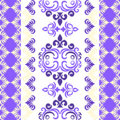 Purple and yellow damask vector seamless pattern on white background with decorative ornament. Template for carpet, shawl, wallpaper, elaborated border, and clothing.