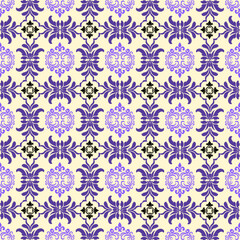 Purple damask seamless pattern illustration in yellow background traditional style—like Portuguese tiles. Design for ceramic pottery, sarees, curtains, and clothing.