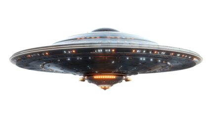UFO flying saucer spaceship from outer space which is an alien craft, png file cut out and isolated on a transparent background