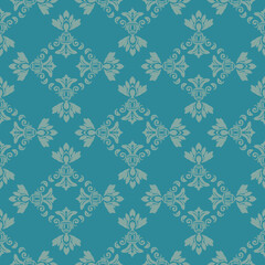 Damask seamless pattern illustration in cream and green traditional style—like Portuguese tiles. Design for ceramic pottery, curtains, and clothing.
