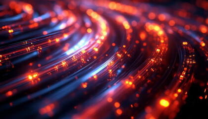 Vibrant fiber optic cables glowing with bright lights in dynamic flow