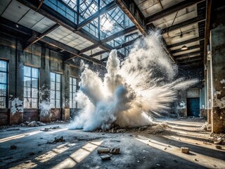 Abandoned Factory Explosion: White Powder Cloud in Decaying Industrial Space