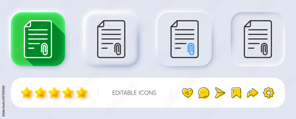 Poster cv attachment line icon. neumorphic, flat shadow, 3d buttons. document file symbol. line attachment 