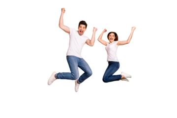 Full length body size photo funky she her he him his pair jumping high raised fists yell scream shout loud cheerleader football fans wear casual jeans denim white t-shirts isolated yellow background