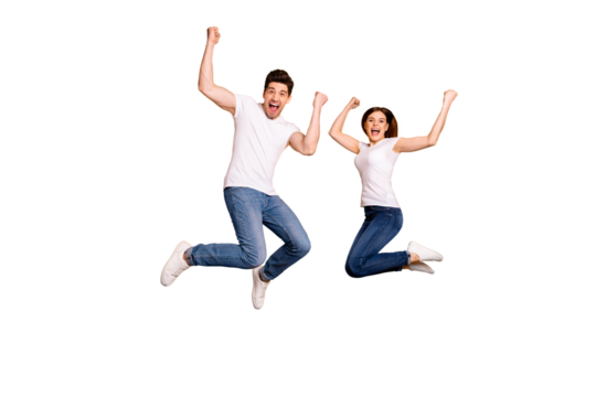 Full length body size photo funky she her he him his pair jumping high raised fists yell scream shout loud cheerleader football fans wear casual jeans denim white t-shirts isolated yellow background