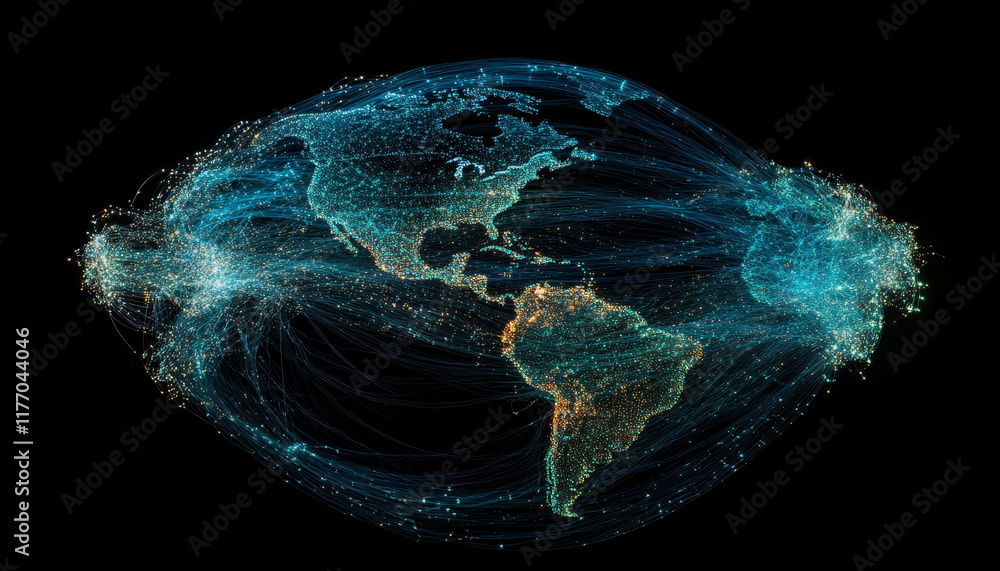 Aufkleber digital network map connecting continents with glowing lines and nodes
