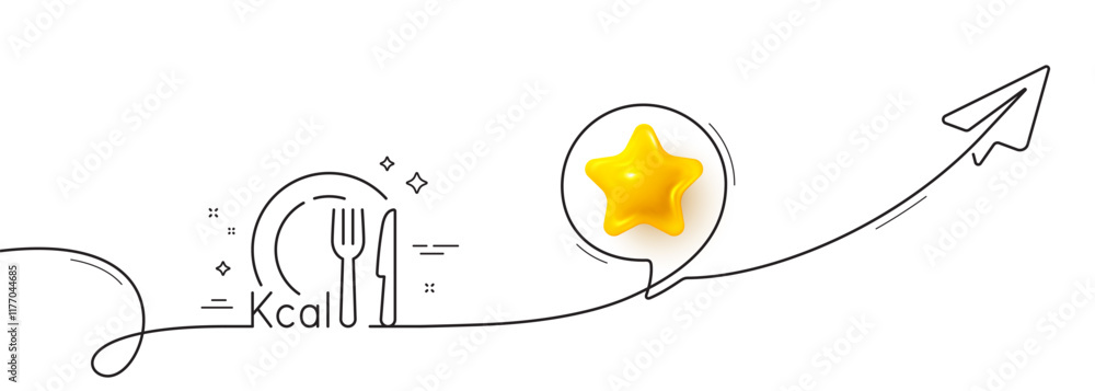 Poster calories line icon. continuous line with share plane. diet kcal sign. low calorie food symbol. 3d st