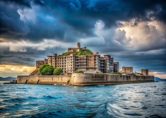 Fototapeta premium Abandoned Gunkanjima Island, Nagasaki, Japan - Panoramic View with Copy Space