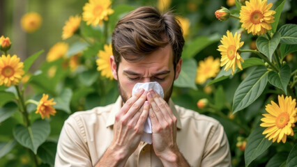 Obraz premium A man holds a white handkerchief to his face, apparently wiping or sneezing, experiencing allergy symptoms. Around him are colorful flowers.