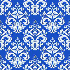 Blue and white classic traditional damask pattern design, seamless pattern, vector illustration. Design for elaborated border, elegant textile design, carpet, curtains, and clothing.