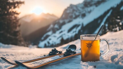 A pair of skis leaned against a snowy slope with a mug of mulled cider