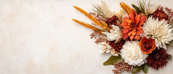 Autumn Floral Arrangement Dried Flowers Dahlias Roses Wheat Fall Colors Beige Background