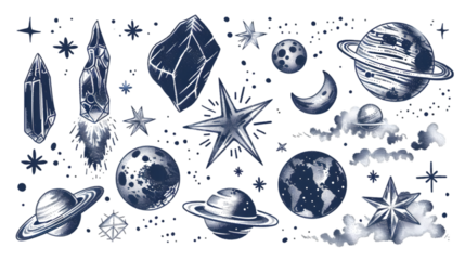 Vector illustration of celestial star and cosmic elements. Different kind of stars, asteroid and comet isolated on a transparent background