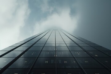 Tall urban skyscraper reaching towards a cloudy sky in a bustling city environment during late afternoon hours