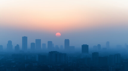 Fototapeta premium Extreme long shot of the cityscape at dawn. The sun, a orange orb, casting a warm glow . The city skyline is obscured by a hazy atmosphere, A misty morning paints a soft, sleeping city,aerial view.
