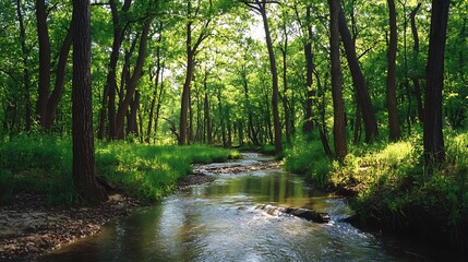 Obraz premium A peaceful grove with tall trees and a gently flowing stream