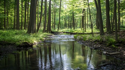 Obraz premium A peaceful grove with tall trees and a gently flowing stream