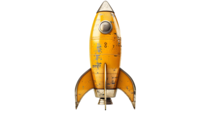 Vintage styled yellow space rocket isolated on a transparent background