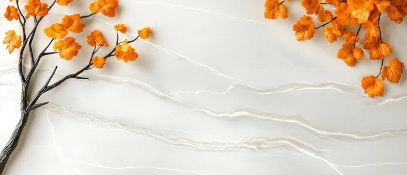 Autumnal Orange Leaves on Elegant White Marble Background Flat Lay Fall Decor