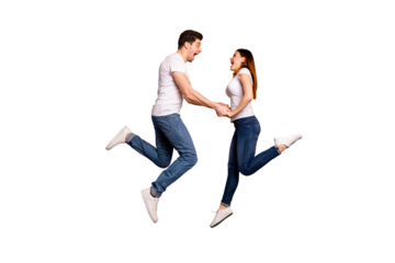 Full length side profile body size photo funky crazy she her he him his pair touch arms jumping high yell scream shout best buddies wear casual jeans denim white t-shirts isolated yellow background