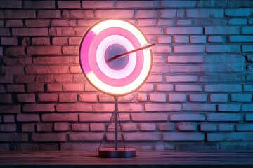 Neon Target with Arrow on Dark Blue Brick Wall - Vibrant and Modern Design