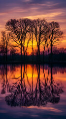 Fototapeta premium Tranquil Landscape at Dusk with Silhouetted Trees and Reflective Water in Warm Sunset Hues