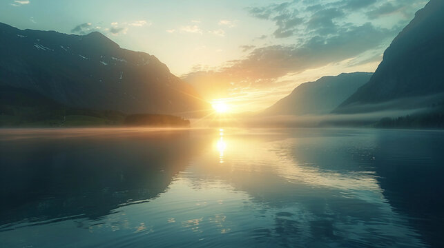 Awe-inspiring views at a serene mountain lake at sunrise at the end of every title