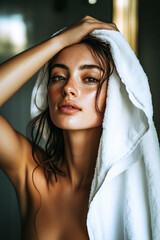 Fototapeta premium Woman using white towel in hair