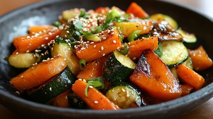 A perfectly roasted vegetable medley of carrots zucchini sweet potatoes and bell peppers