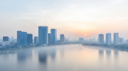 Fototapeta premium Extreme long shot of the cityscape at dawn. The sun, a orange orb, casting a warm glow . The city skyline is obscured by a hazy atmosphere, A misty morning paints a soft, sleeping city,aerial view.